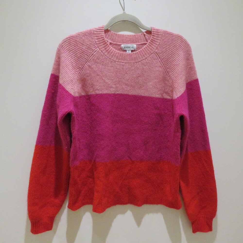 EVEREVE Frankie Striped Colorblock Crew Neck Sweater Size Small Pink Red Preppy - Picture 2 of 11